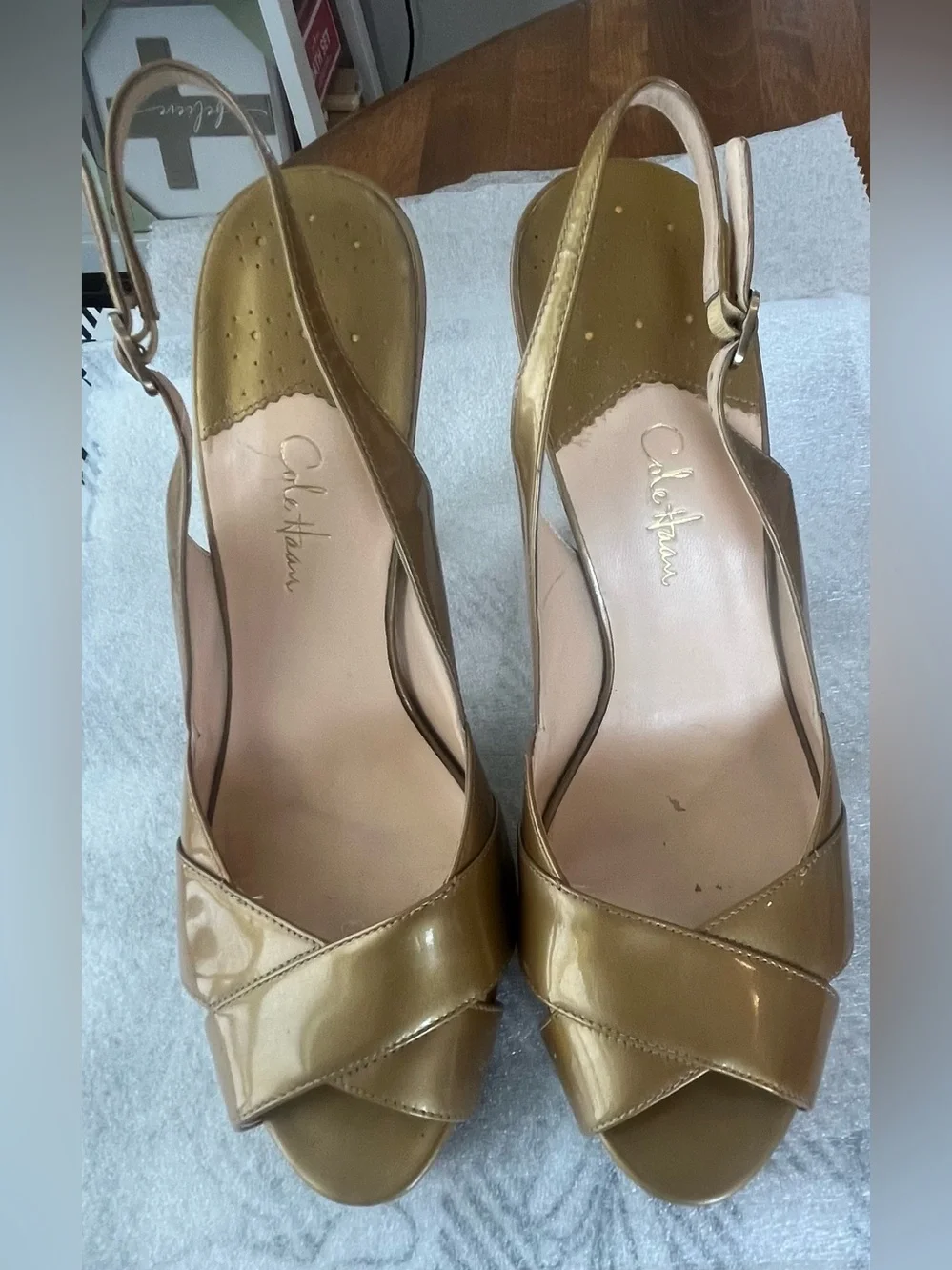 Cole Haan Nike Air Metallic Gold Patent Slingback Peep-Toe Heels PROJECT Piece